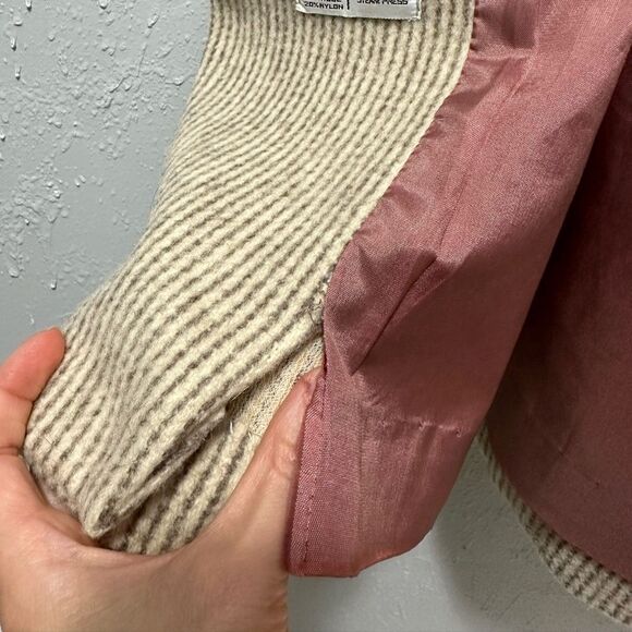 VINTAGE Jill Jr Pinstripe Wool Mid Length Coat OS Pleated Shoulders Neutral - Picture 16 of 16